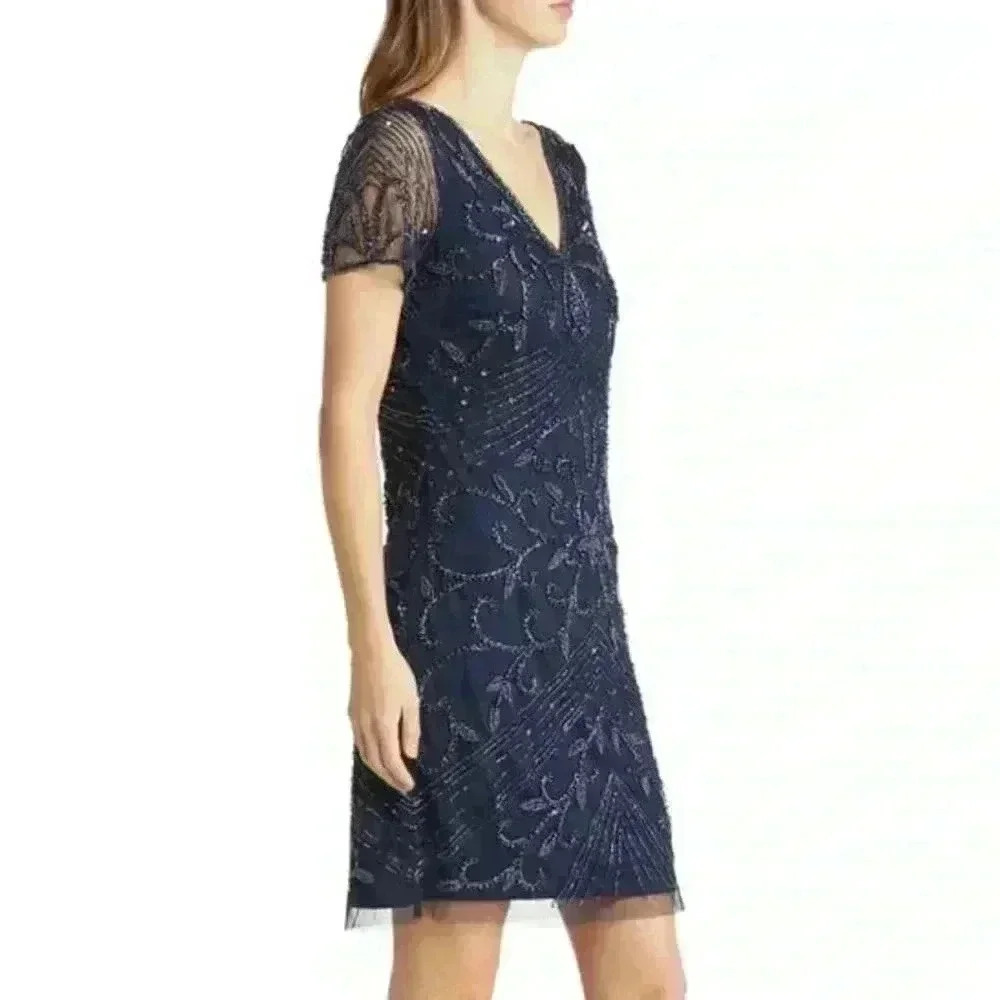 NEW PISARRO NIGHTS Beaded Double V-Neck Dress Navy Blue - Picture 3 of 12
